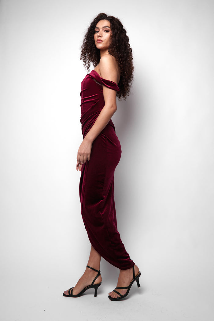 Jaded Rose Simmi O Oxblood Velvet Off The Shoulder Maxi Dress