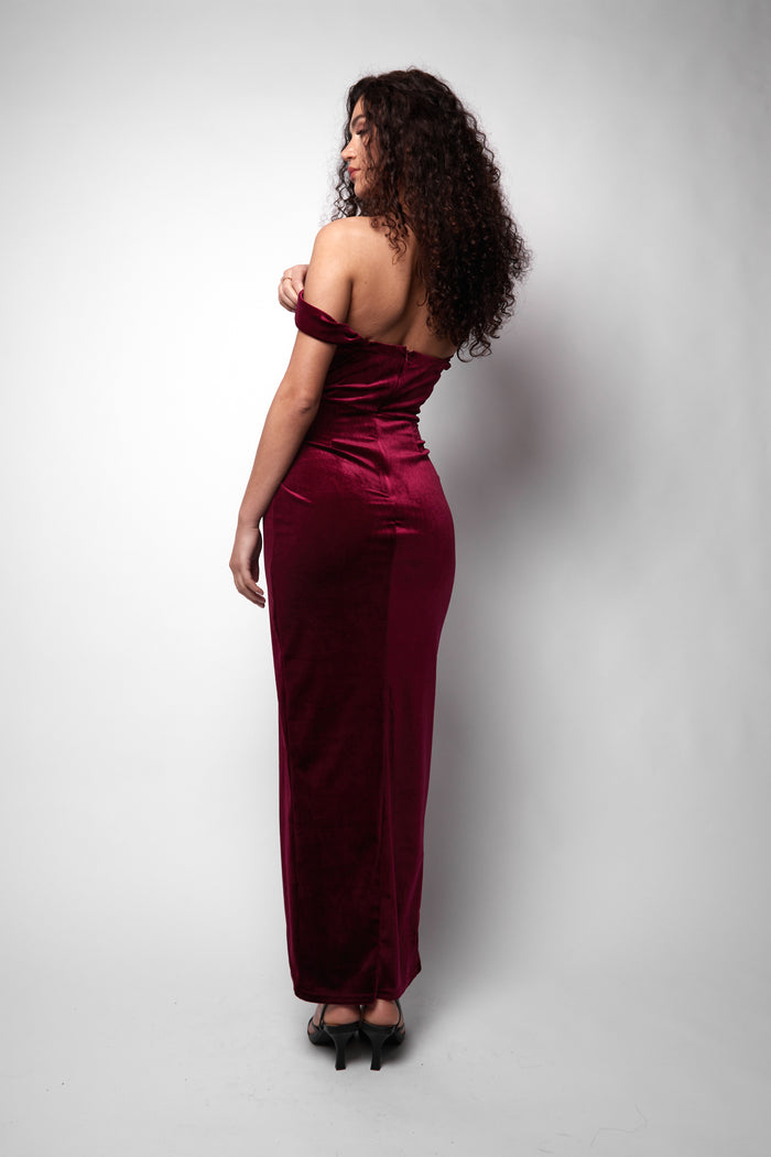 Jaded Rose Simmi O Oxblood Velvet Off The Shoulder Maxi Dress