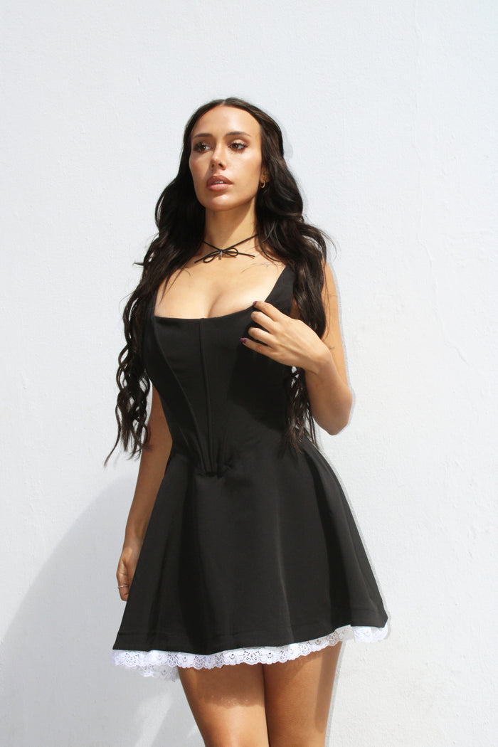 Jaded Rose Solia Black Corset Mini Skater Dress With Lace Trim