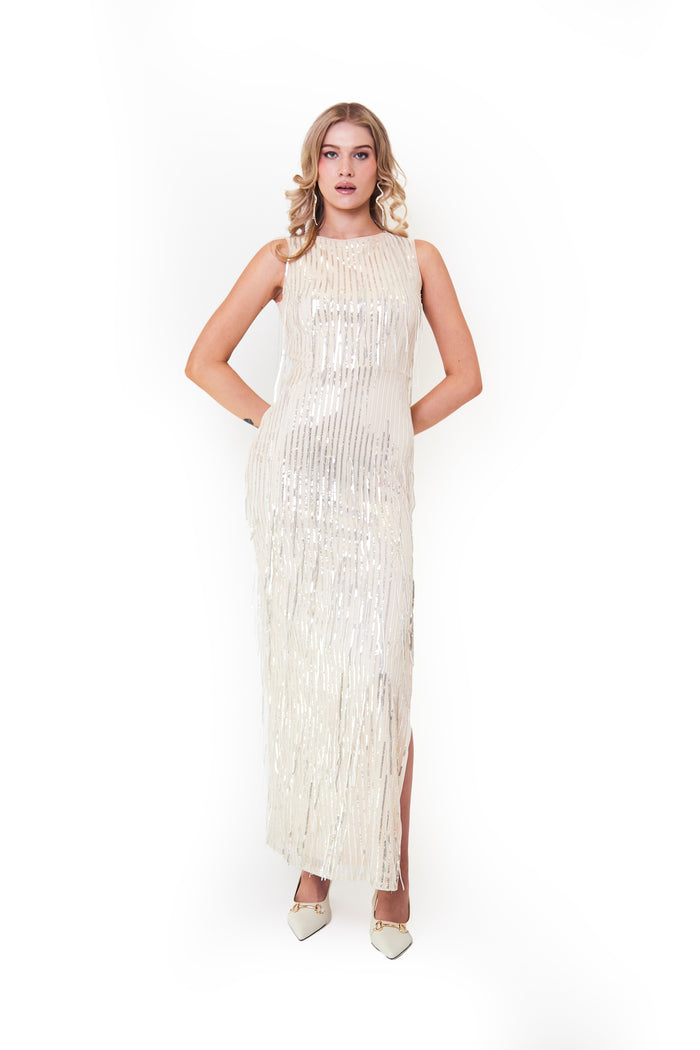 Jaded Rose Solia Champagne Bodycon Maxi Dress In Silver Tassle Sequin