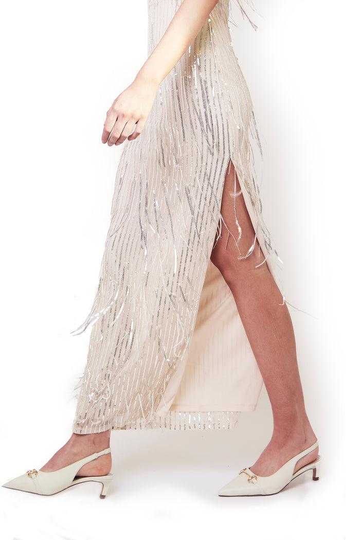 jaded rose Solia Champagne Bodycon Maxi Dress in Silver Tassle Sequin