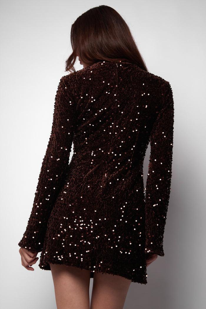 Jaded Rose Sona Chocolate Velvet Sequin Flared Sleeve Mini Dress