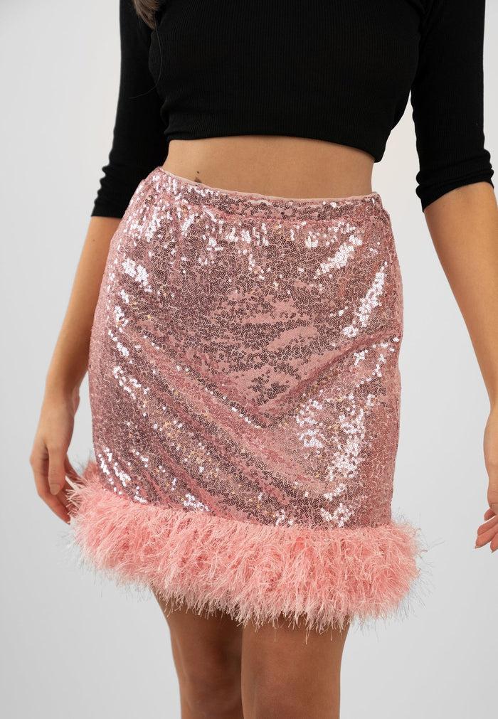Jaded Rose Taffy Pink Sequin Mini Skirt With Fur Hem