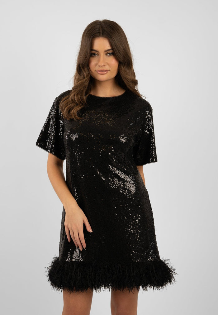jaded rose Tana Tunic Black Sequin Dress with Faux Fur