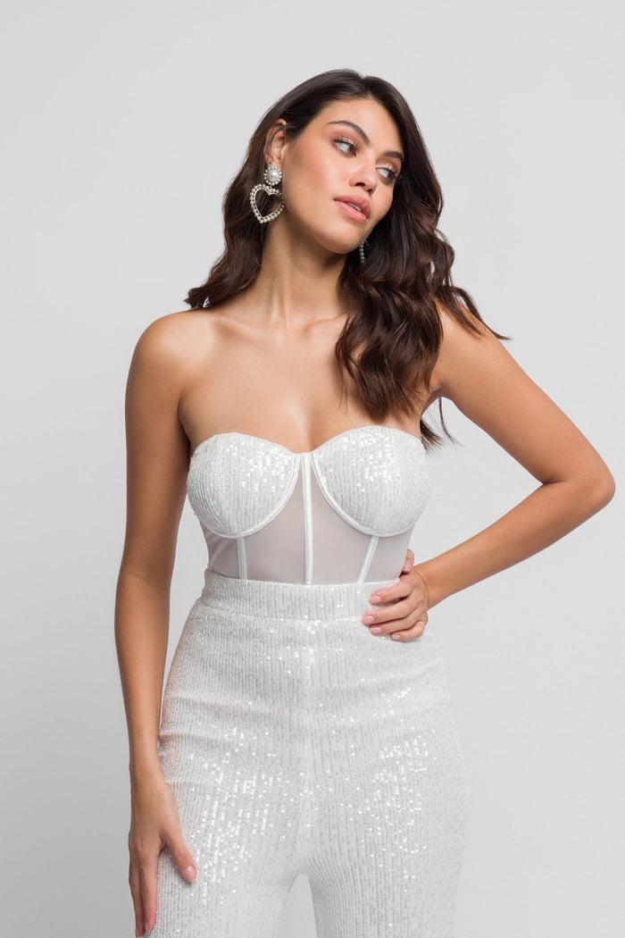 Jaded Rose Veira White Sequin Jumpsuit With Boning And Flared Trousers
