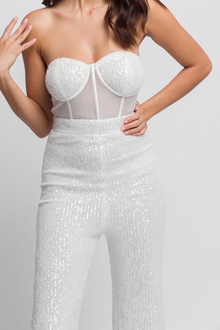 Jaded Rose Veira White Sequin Jumpsuit With Boning And Flared Trousers