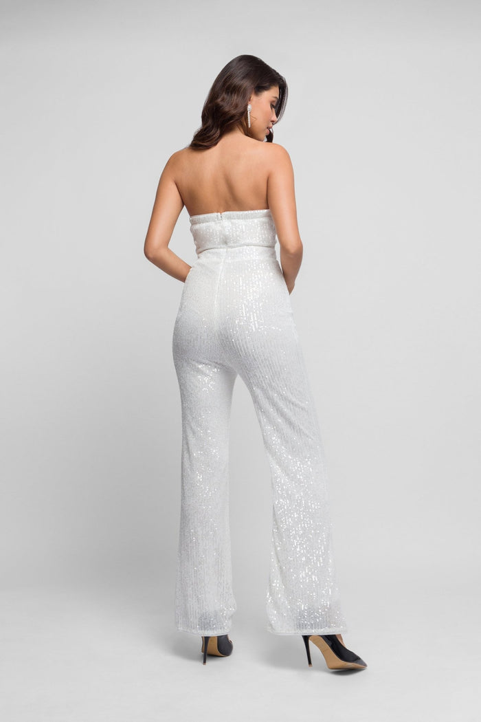 Jaded Rose Veira White Sequin Jumpsuit With Boning And Flared Trousers