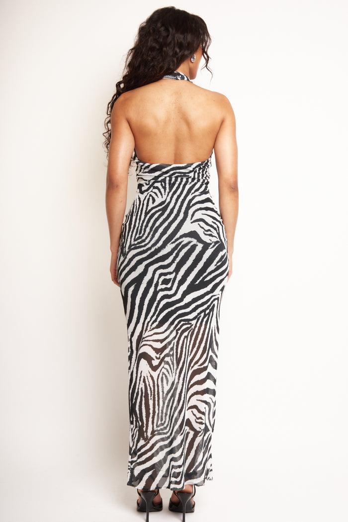 Jaded Rose Zoe Zebra Print Halter Neck Mesh Maxi Dress
