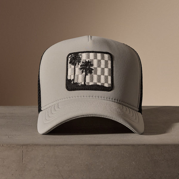 james perse Checkered Palm Embroidered Trucker Hat Pale Grey