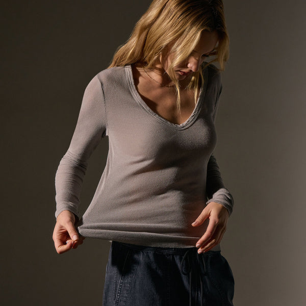 James Perse Cotton Cashmere Blend Deep V Tee Dapple