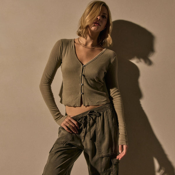 James Perse Cotton Cashmere Blend Ribbed Cardigan Overcast