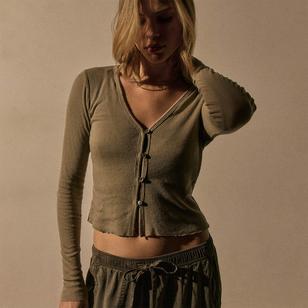 James Perse Cotton Cashmere Blend Ribbed Cardigan Overcast