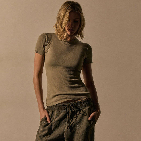 james perse Cotton Cashmere Blend Ribbed Crew Overcast