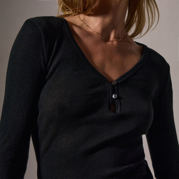 James Perse Cotton Cashmere Blend Ribbed Henley Black