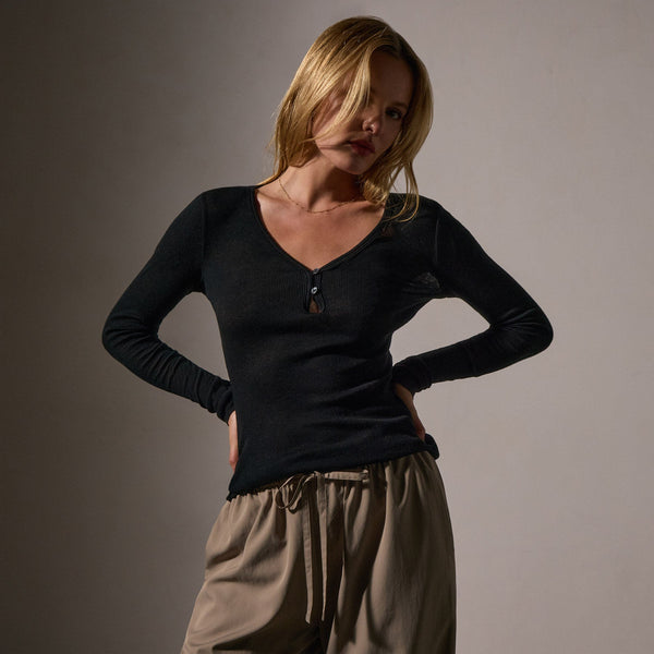 james perse Cotton Cashmere Blend Ribbed Henley Black