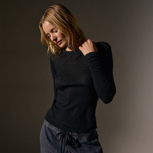 james perse Cotton Cashmere Blend Ribbed Long Sleeve Crew Black