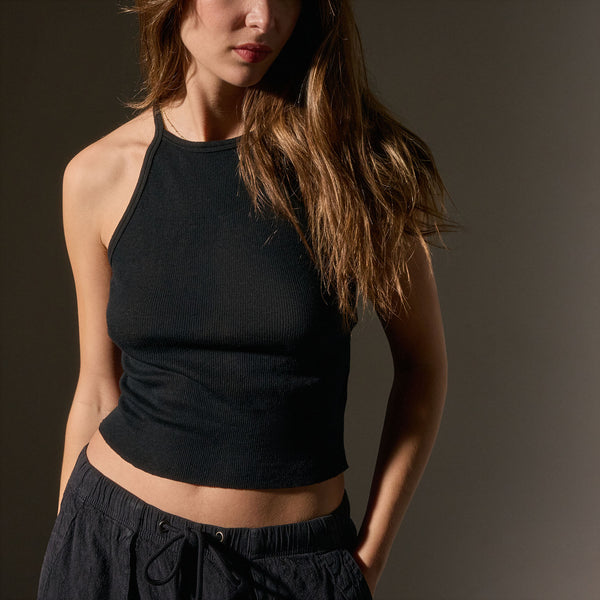 James Perse Cotton Cashmere Ribbed Racer Back Tank Black