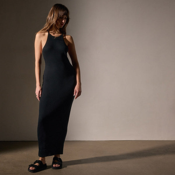 james perse Cotton Cashmere Ribbed Racer Back Tank Dress Black