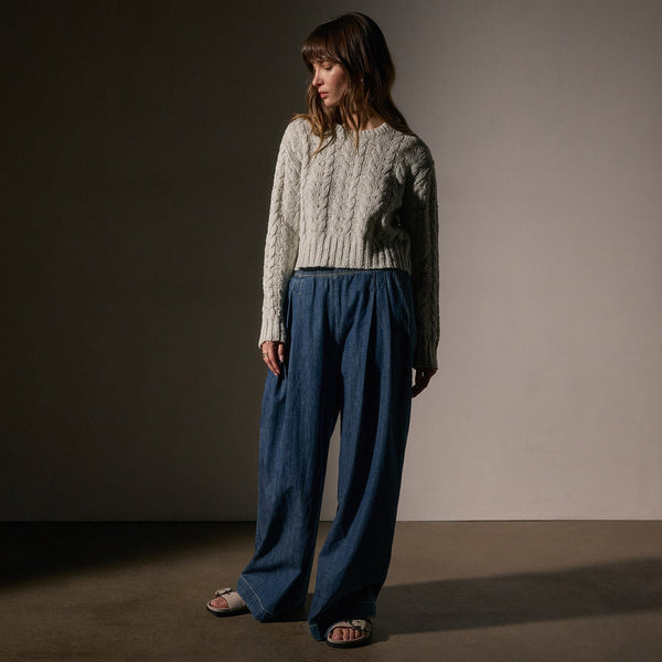 James Perse Cotton Linen Chunky Cable Knit Sweater Foam