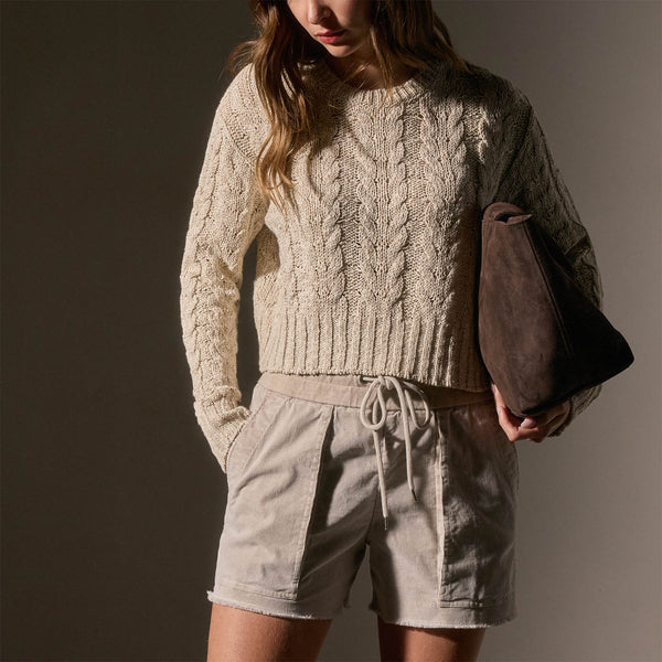 James Perse Cotton Linen Chunky Cable Knit Sweater Natural