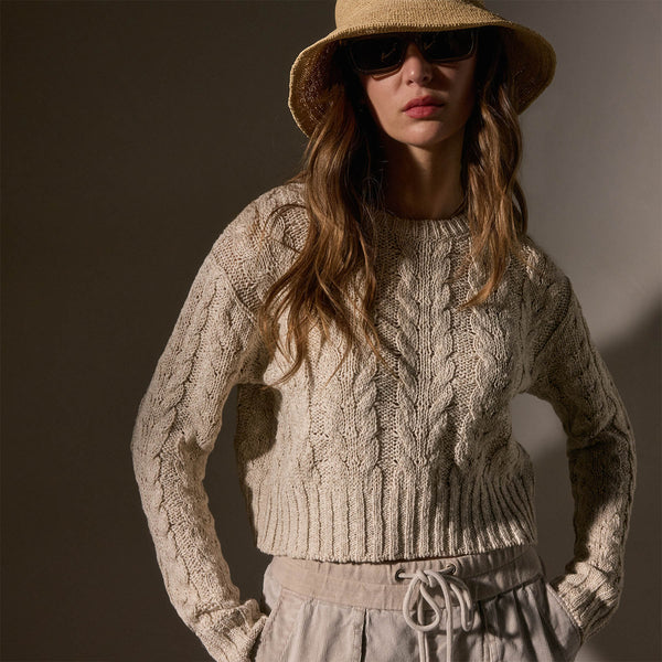 james perse Cotton Linen Chunky Cable Knit Sweater Natural