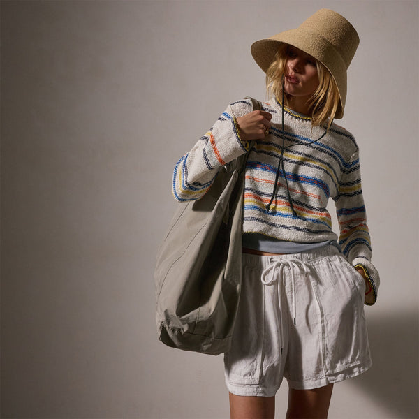 James Perse Cotton Linen Knit Stripe Sweater Multi White