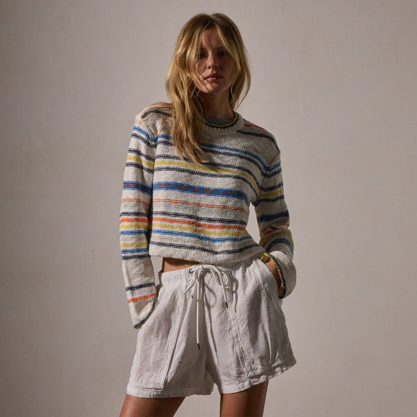 James Perse Cotton Linen Knit Stripe Sweater Multi White