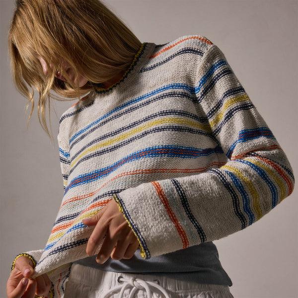 james perse Cotton Linen Knit Stripe Sweater Multi White