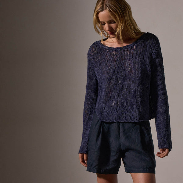 James Perse Cotton Linen Open Knit Pullover Faded Navy