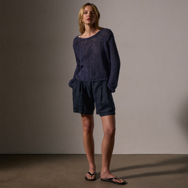 James Perse Cotton Linen Open Knit Pullover Faded Navy