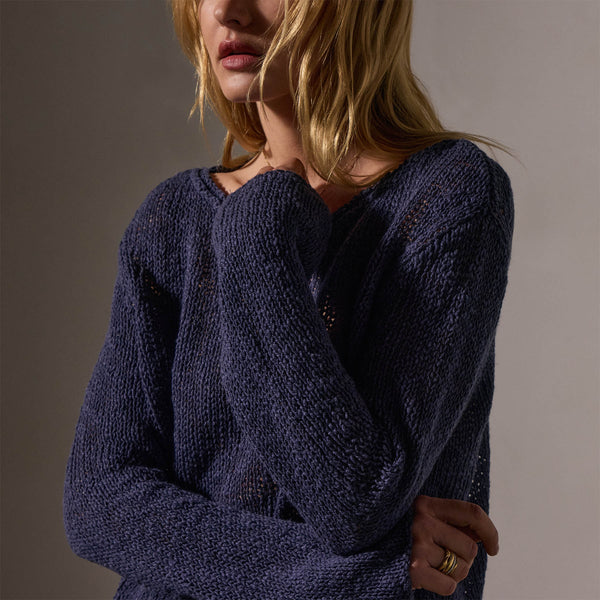james perse Cotton Linen Open Knit Pullover Faded Navy