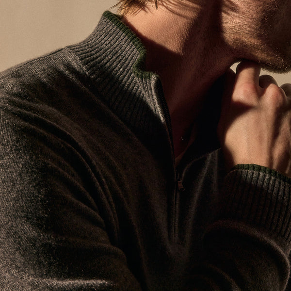 James Perse Half Zip Cashmere Funnel Neck Mid Grey/Forest
