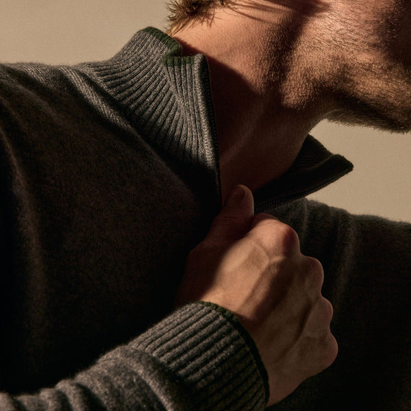 James Perse Half Zip Cashmere Funnel Neck Mid Grey/Forest
