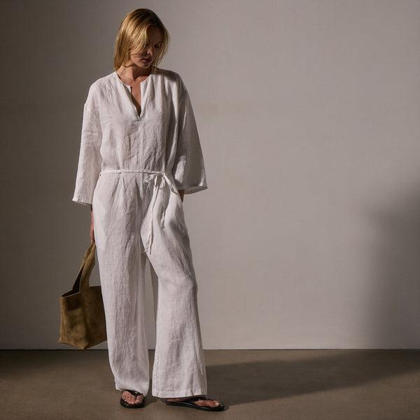 James Perse Belted Linen Jumpsuit White