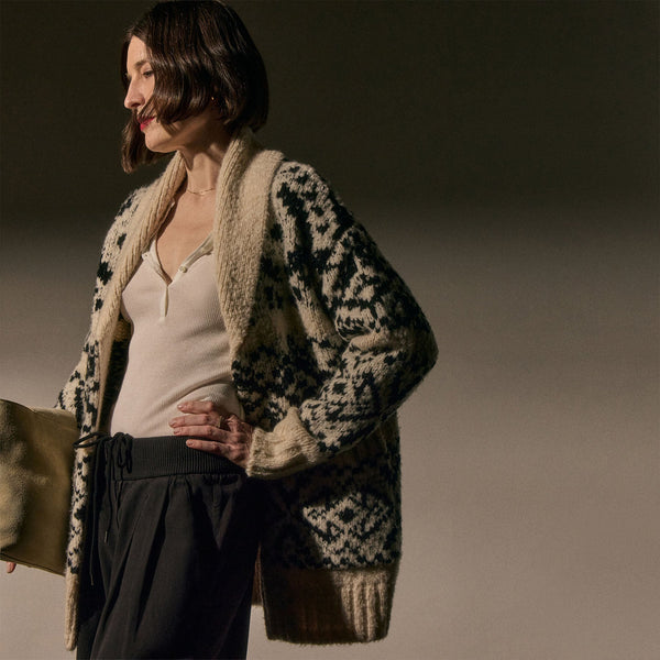 James Perse Chalet Intarsia Cardigan Ivory/Black