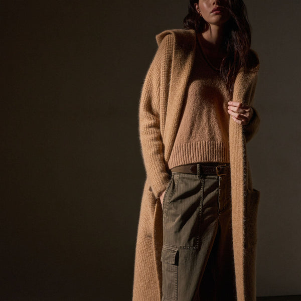 James Perse Chunky Waffle Knit Hooded Coat Camel