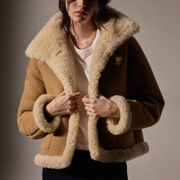 James Perse Cropped Shearling Jacket Caramel