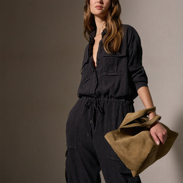 James Perse Linen Blend Cargo Jumpsuit Black