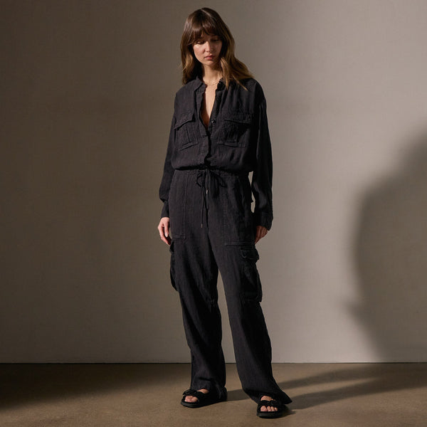 James Perse Linen Blend Cargo Jumpsuit Black