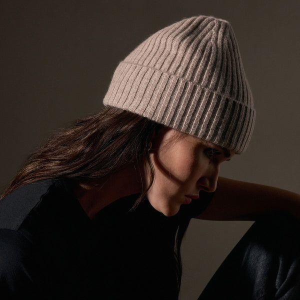 James Perse Recycled Cashmere Ribbed Beanie Stone