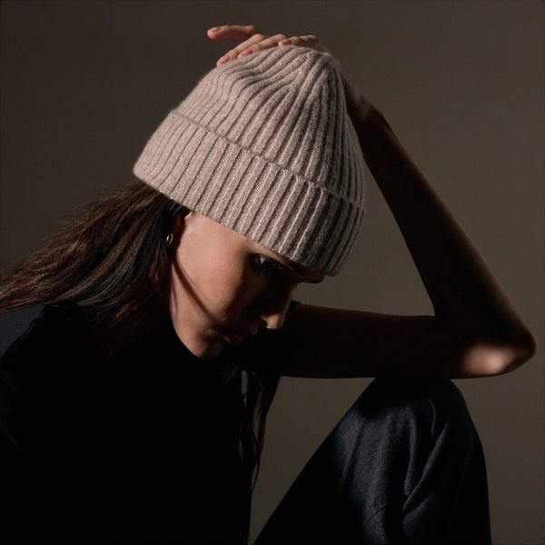 James Perse Recycled Cashmere Ribbed Beanie Stone