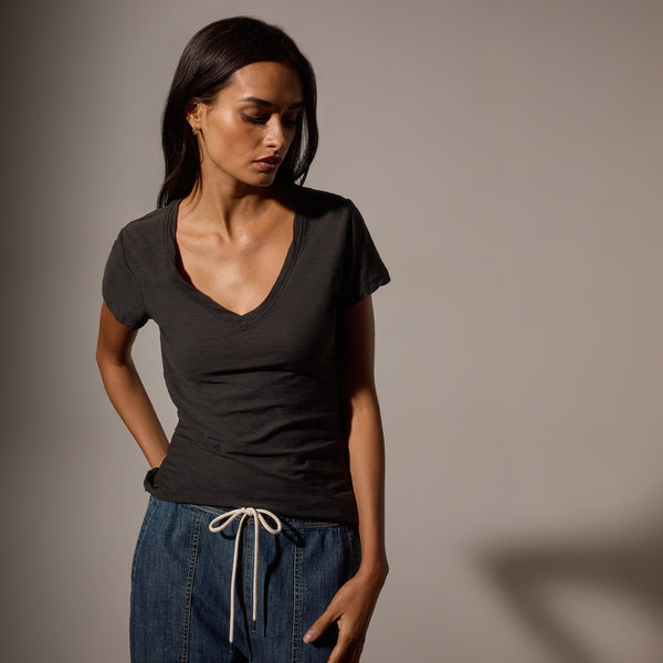 James Perse Sheer Slub Casual V Neck Carbon