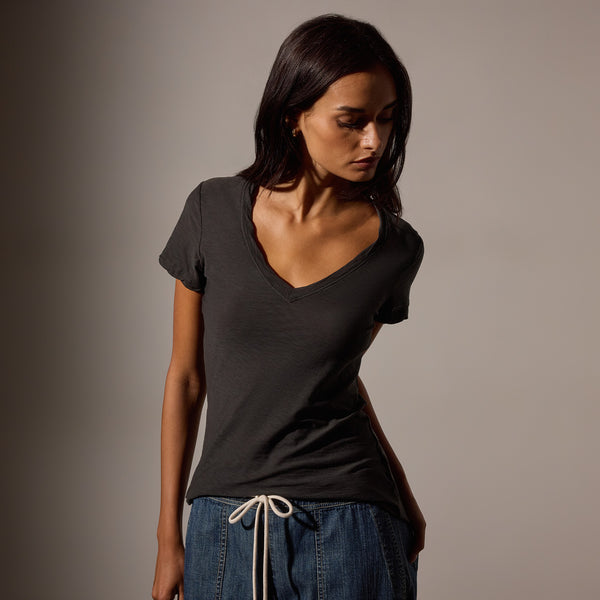 James Perse Sheer Slub Casual V Neck Carbon