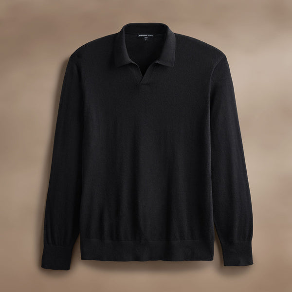 james perse Ultrafine Cashmere Open Polo Black