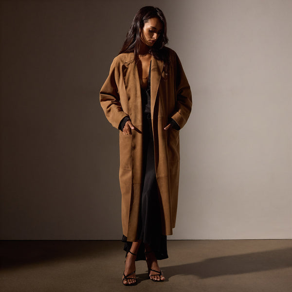 James Perse Unlined Suede Trench Coat Toffee