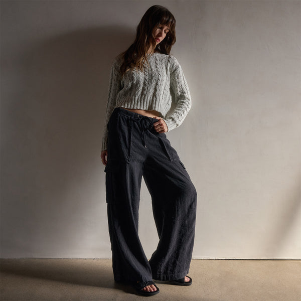 james perse Wide Leg Linen Blend Cargo Pant Black