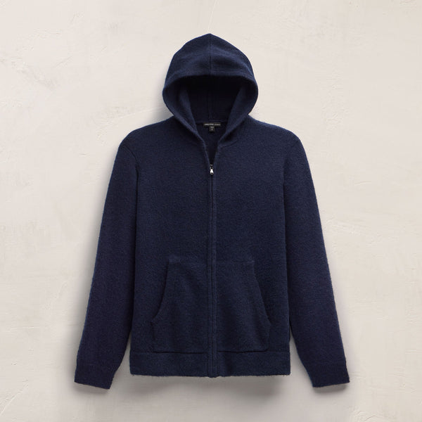 James Perse Lightweight Textured Cashmere Knit Zip Up Hoodie Deep Navy