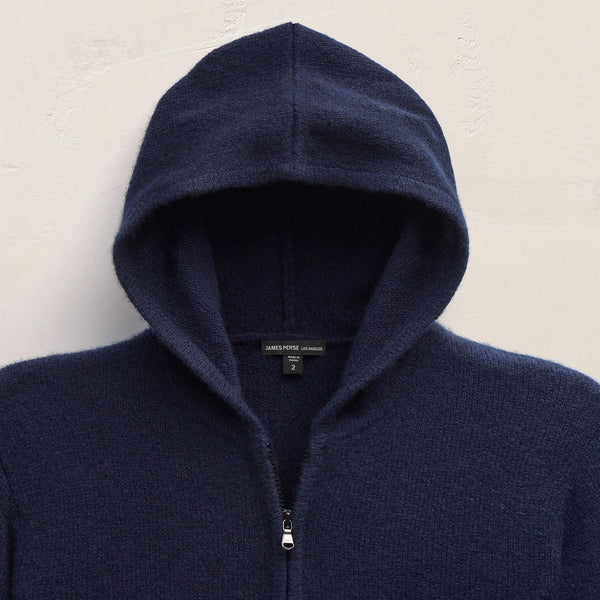 James Perse Lightweight Textured Cashmere Knit Zip Up Hoodie Deep Navy