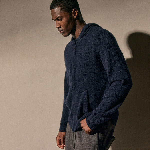 James Perse Lightweight Textured Cashmere Knit Zip Up Hoodie Deep Navy