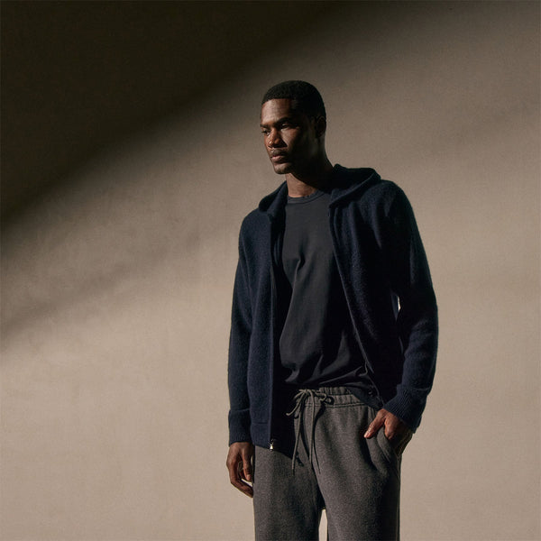 james perse Lightweight Textured Cashmere Knit Zip Up Hoodie Deep Navy
